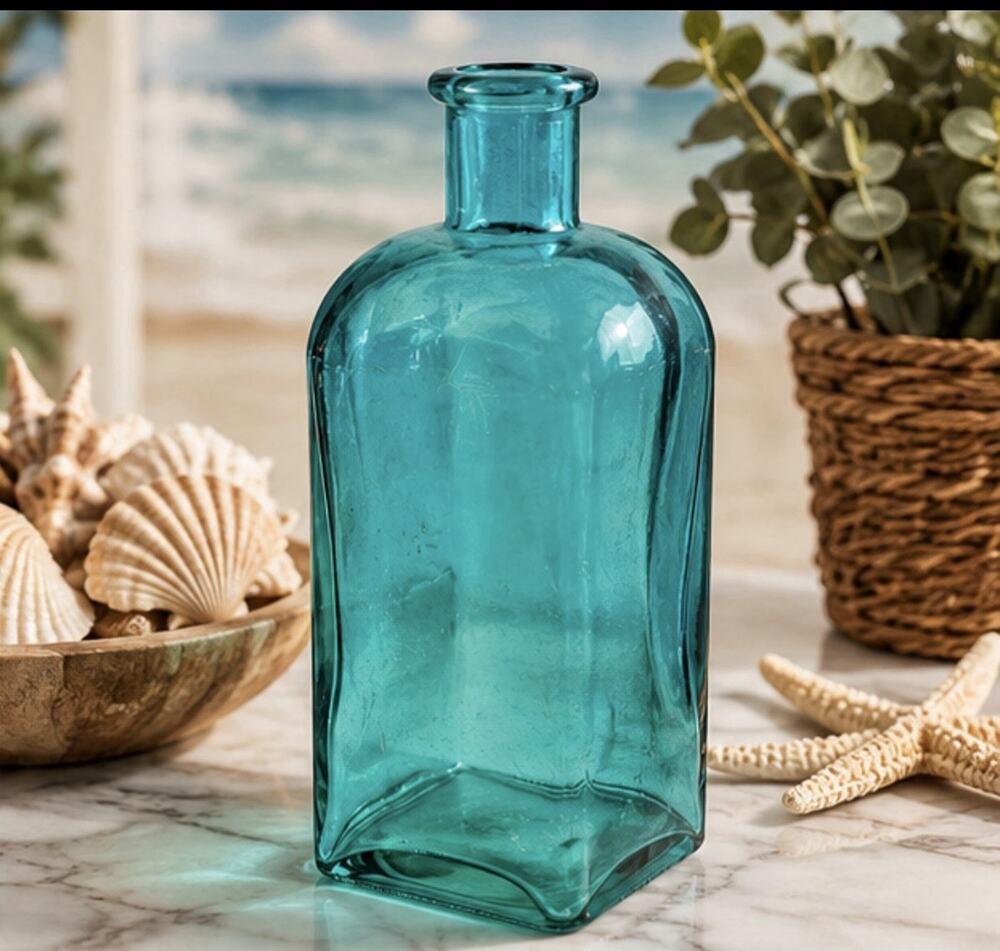 Vintage Aqua Blue Glass Bottle Square Apothecary Vase Beach Farmhouse Rustic 9"